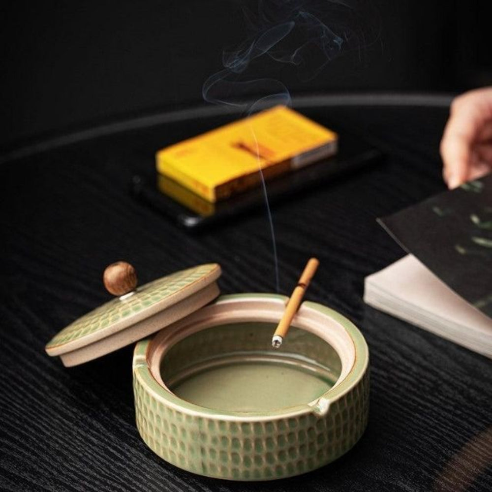 Ceramic Ash Tray With Wooden Lid Home Decor Green NALANI