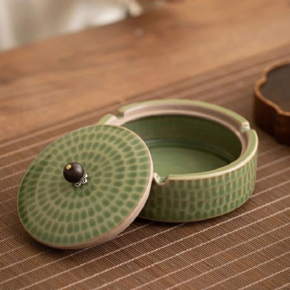 Ceramic Ash Tray With Wooden Lid Home Decor NALANI
