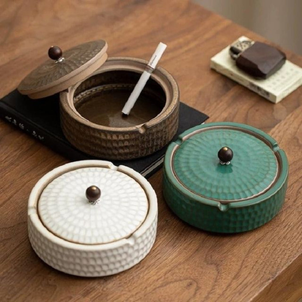 Ceramic Ash Tray With Wooden Lid Home Decor NALANI