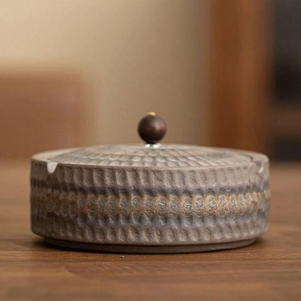 Ceramic Ash Tray With Wooden Lid Home Decor copper NALANI