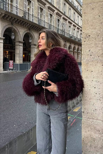 Bordeaux Shaggy Faux Fur Coat Luxury Warm Winter Jacket NALANI