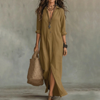 Agnes Linen Long Shirt Dress Relaxed Fit With Three-Quarter Sleeves
