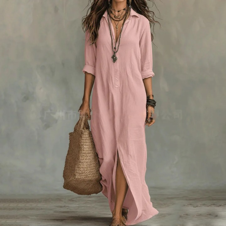 Agnes Linen Long Shirt Dress Relaxed Fit With Three-Quarter Sleeves