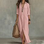 Agnes Linen Long Shirt Dress Relaxed Fit With Three-Quarter Sleeves