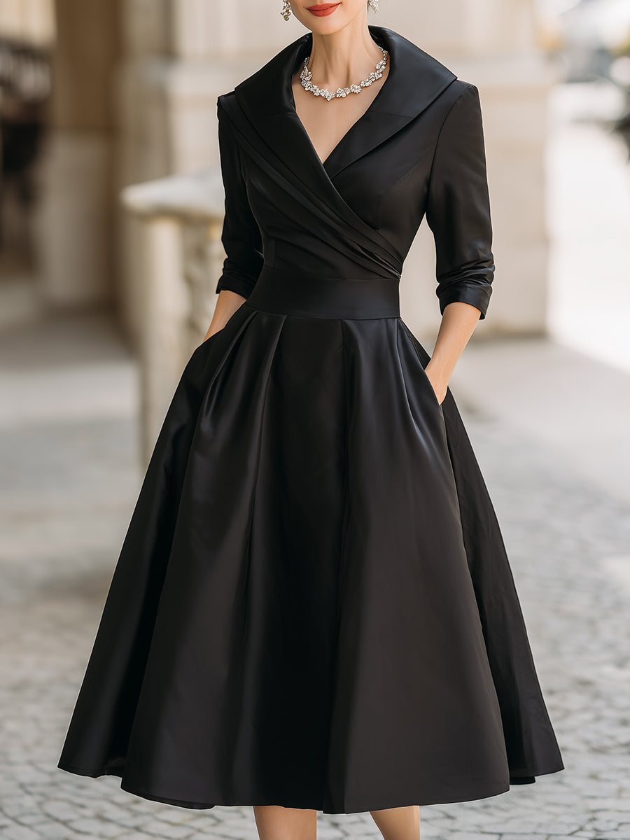 Black Aurora Vintage Midi Dress by Lumina Wear, featuring a fitted silhouette and elegant design, size small (4-6).