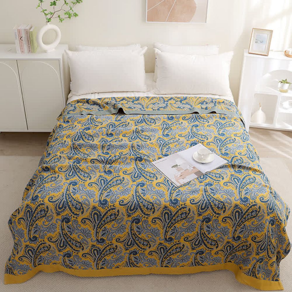 Azure Golden Retro Cotton Blanket for Stylish Home Decor NALANI