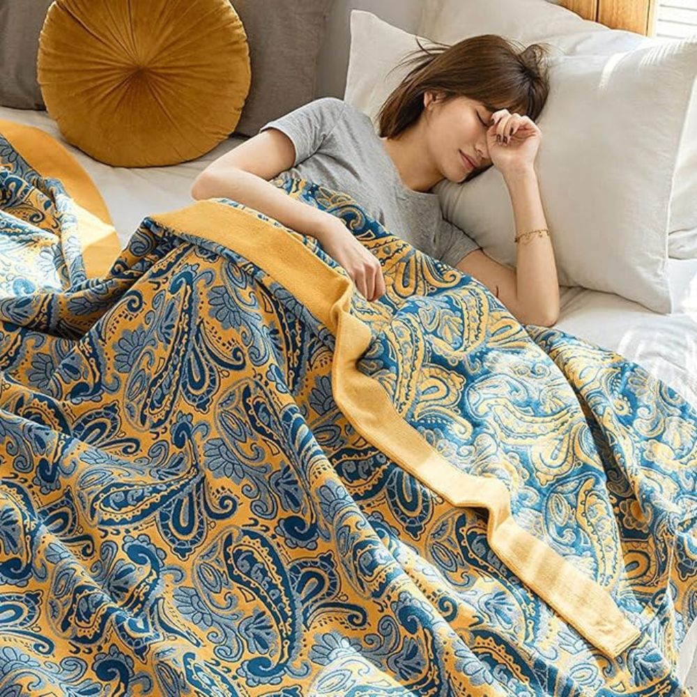 Azure Golden Retro Cotton Blanket for Stylish Home Decor NALANI