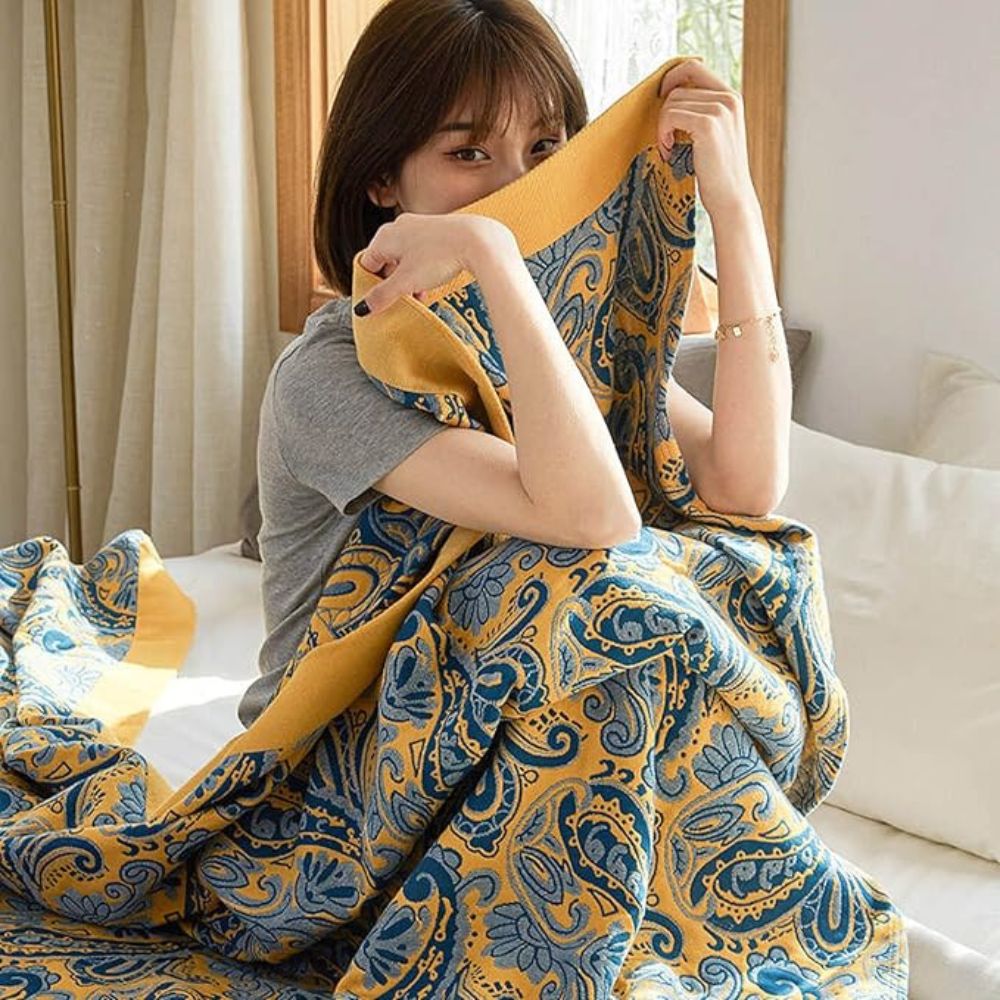 Azure Golden Retro Cotton Blanket for Stylish Home Decor NALANI