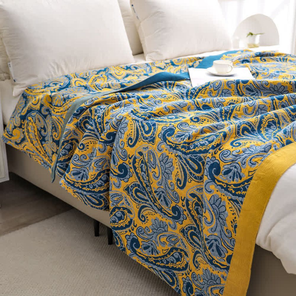 Azure Golden Retro Cotton Blanket for Stylish Home Decor NALANI