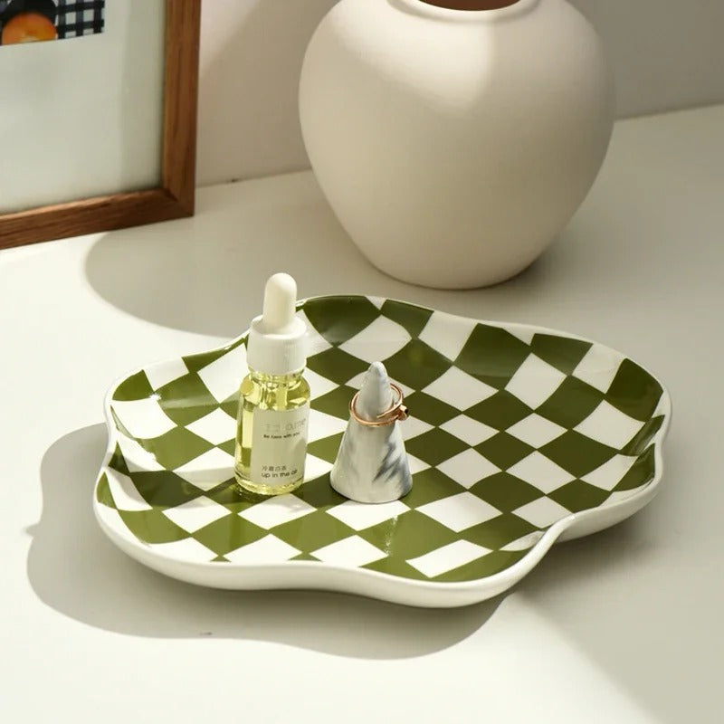 Retro Checkered Tray For Picnic And Home Decor Atmosphere Olive NALANI
