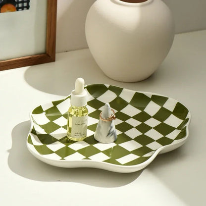 Retro Checkered Tray For Picnic And Home Decor Atmosphere Olive NALANI