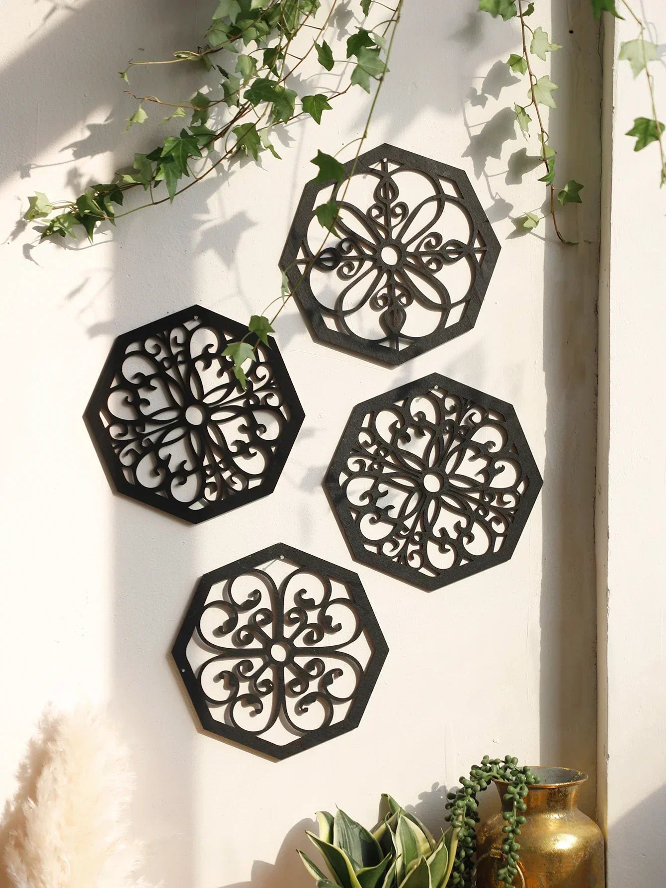 Black Wooden Wall Decor Set of 4 for Modern Home Aesthetic NALANI