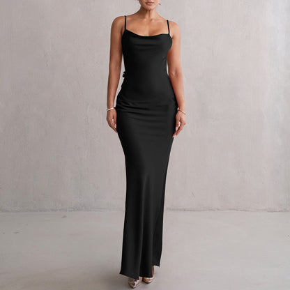 Norvia | Women's Evening Prom Gown Dress - Satin Floor-Length - Backless Floral Appliqué - Form-Fitting