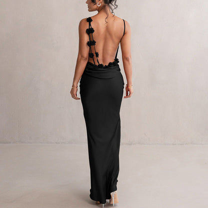 Norvia | Women's Evening Prom Gown Dress - Satin Floor-Length - Backless Floral Appliqué - Form-Fitting