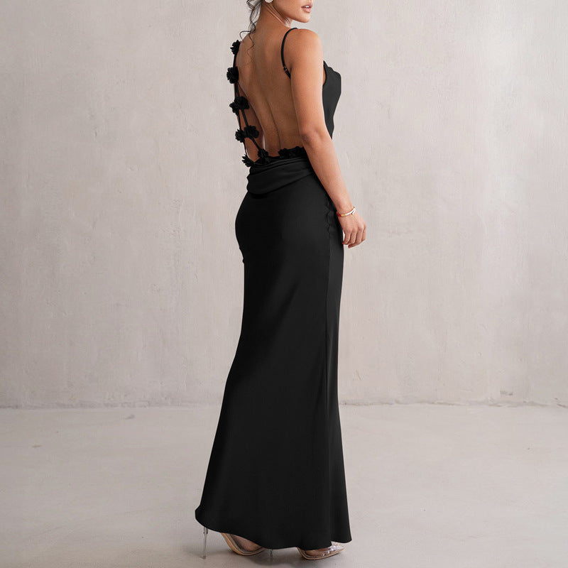 Norvia | Women's Evening Prom Gown Dress - Satin Floor-Length - Backless Floral Appliqué - Form-Fitting