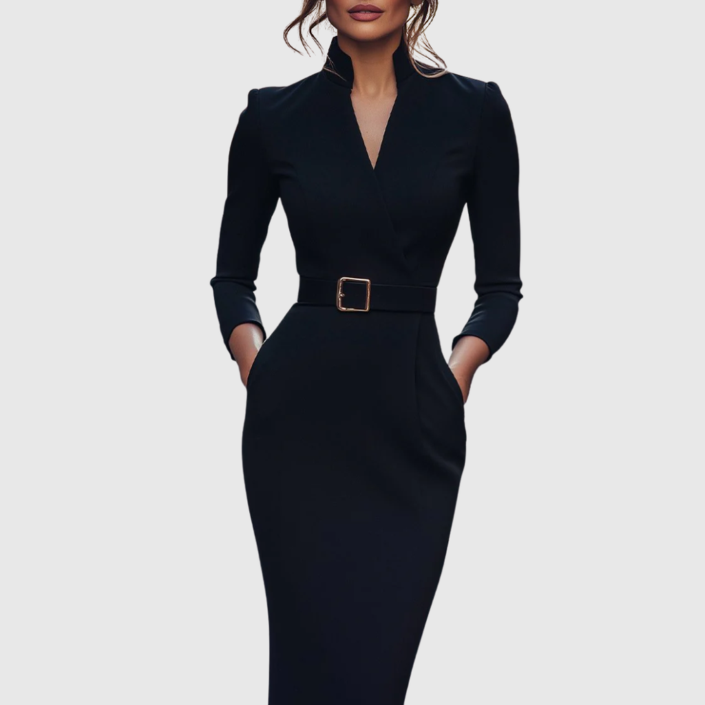 Claribel | Refined Midi Dress Mock Wrap Neckline Belt Accent For Work