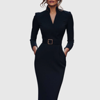 Claribel | Refined Midi Dress Mock Wrap Neckline Belt Accent For Work
