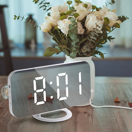 Mirrored LED Digital Alarm Clock with USB Ports and Memory Feature White NALANI
