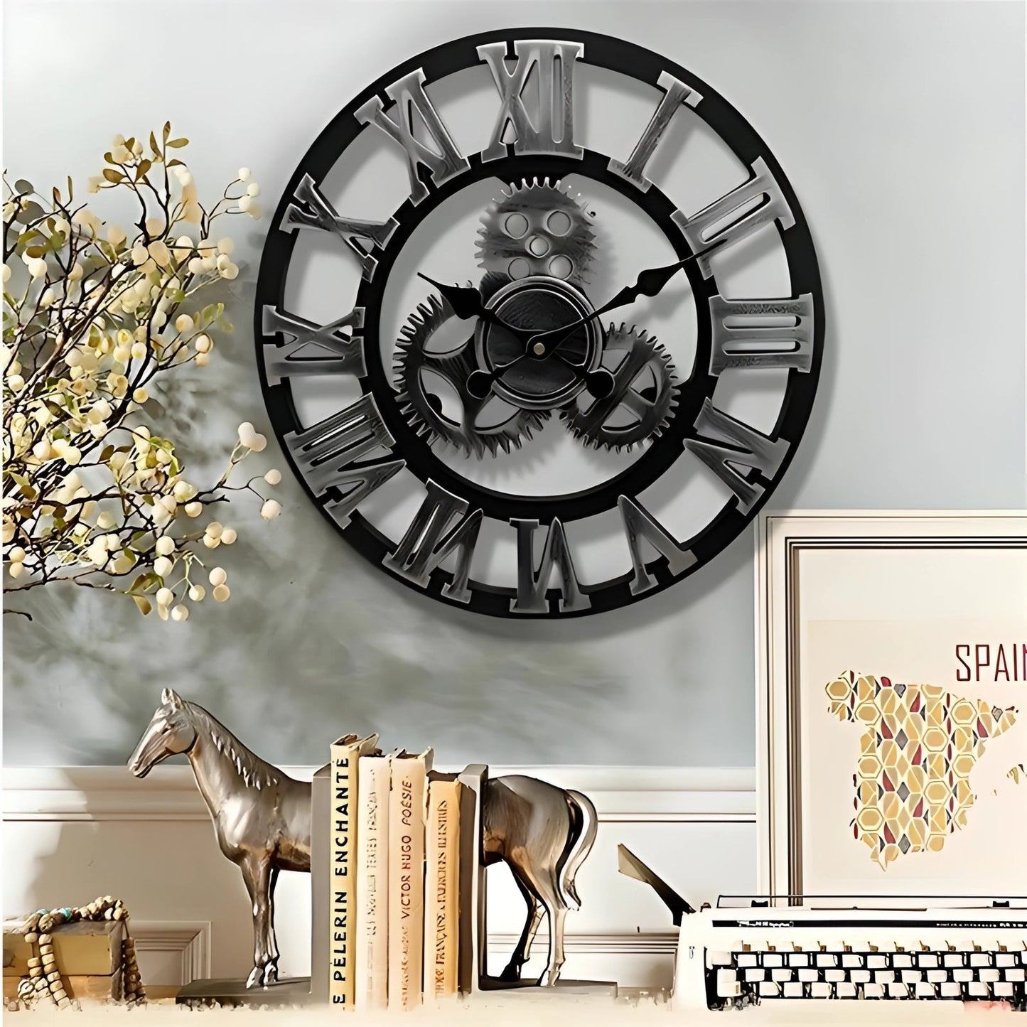 Clovian | Oversized Roman Numeral Industrial Wall Clock Black Metal Steampunk Silver NALANI