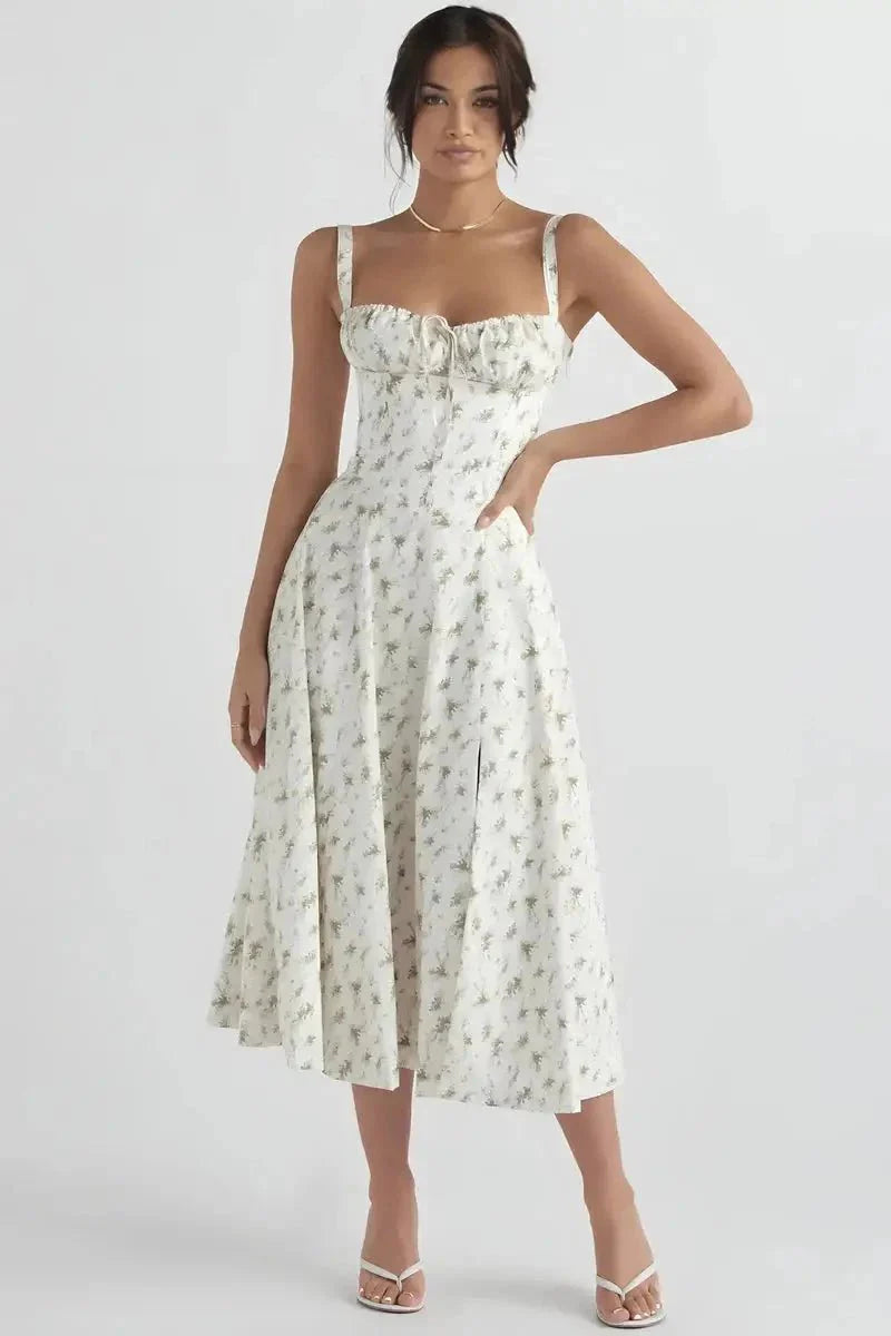Linsay Dress In Soft Polyester With Corset Bodice And Back Tie