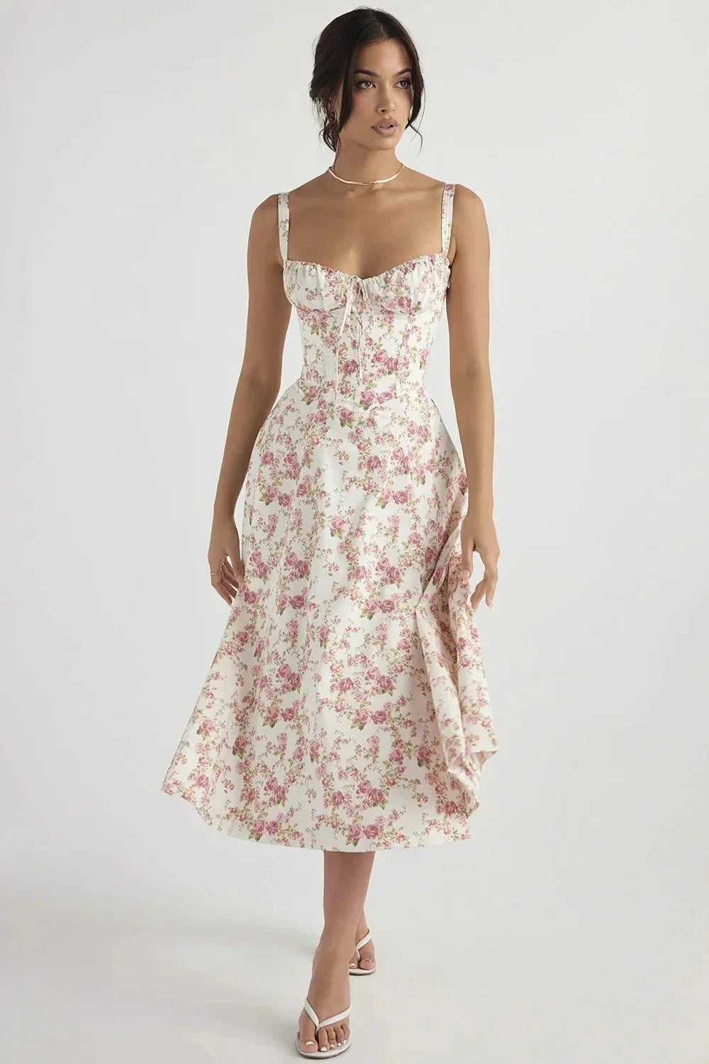 Linsay Dress In Soft Polyester With Corset Bodice And Back Tie