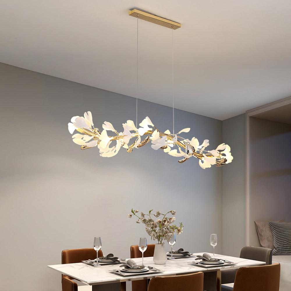 Diapole | Design Ceramic Chandelier for a Refined Interior Length 120 cm Width 20 cm Height 20 cm 60 pieces (8 gold leaves + 52 white leaves) NALANI