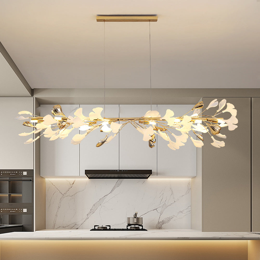 Diapole | Design Ceramic Chandelier for a Refined Interior Length 120 cm Width 35 cm Height 35 cm 76 pieces (10 gold leaves + 66 white leaves) NALANI