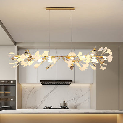 Diapole | Design Ceramic Chandelier for a Refined Interior Length 120 cm Width 35 cm Height 35 cm 76 pieces (10 gold leaves + 66 white leaves) NaLani