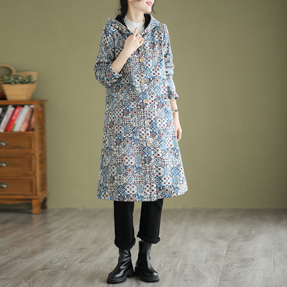 Women’s Trench Coat – Loose Fit – A-Line Silhouette – Hooded – Geometric Pattern