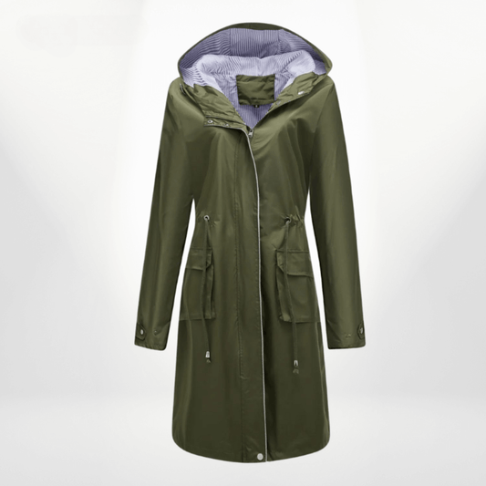 Nalani Women’s Trench Coat – Waterproof Over-Knee – Hooded – Adjustable Waist – Flap Pockets
