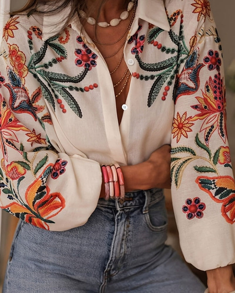 Embroidered Floral Relaxed Linen Shirt