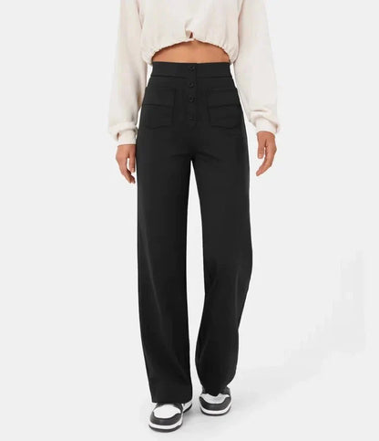 Ovara | Women's Wide-Leg Trousers - High Waist - Button Detail - Relaxed Fit - Full Length