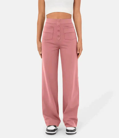 Ovara | Women's Wide-Leg Trousers - High Waist - Button Detail - Relaxed Fit - Full Length