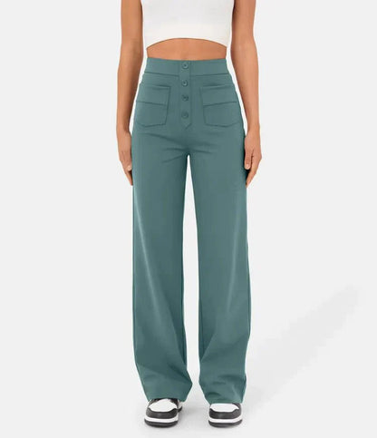 Ovara | Women's Wide-Leg Trousers - High Waist - Button Detail - Relaxed Fit - Full Length