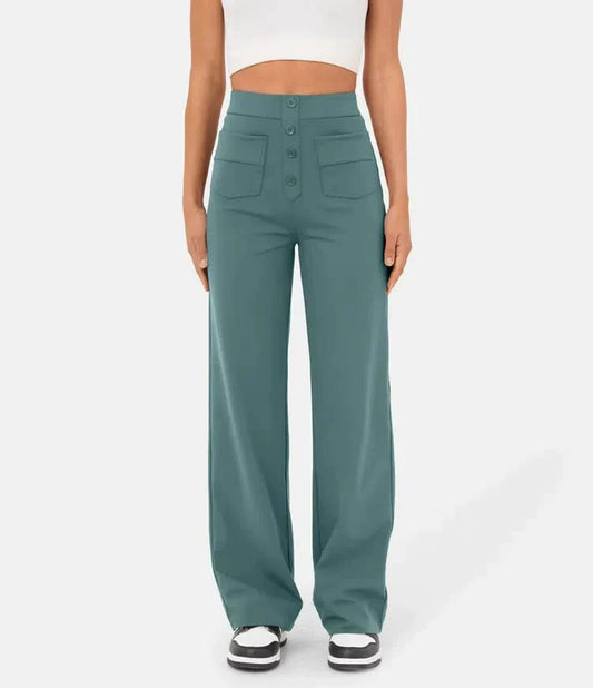 Ovara | Women's Wide-Leg Trousers - High Waist - Button Detail - Relaxed Fit - Full Length