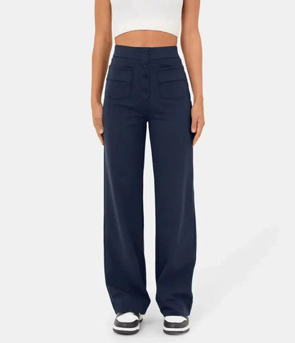 Ovara | Women's Wide-Leg Trousers - High Waist - Button Detail - Relaxed Fit - Full Length