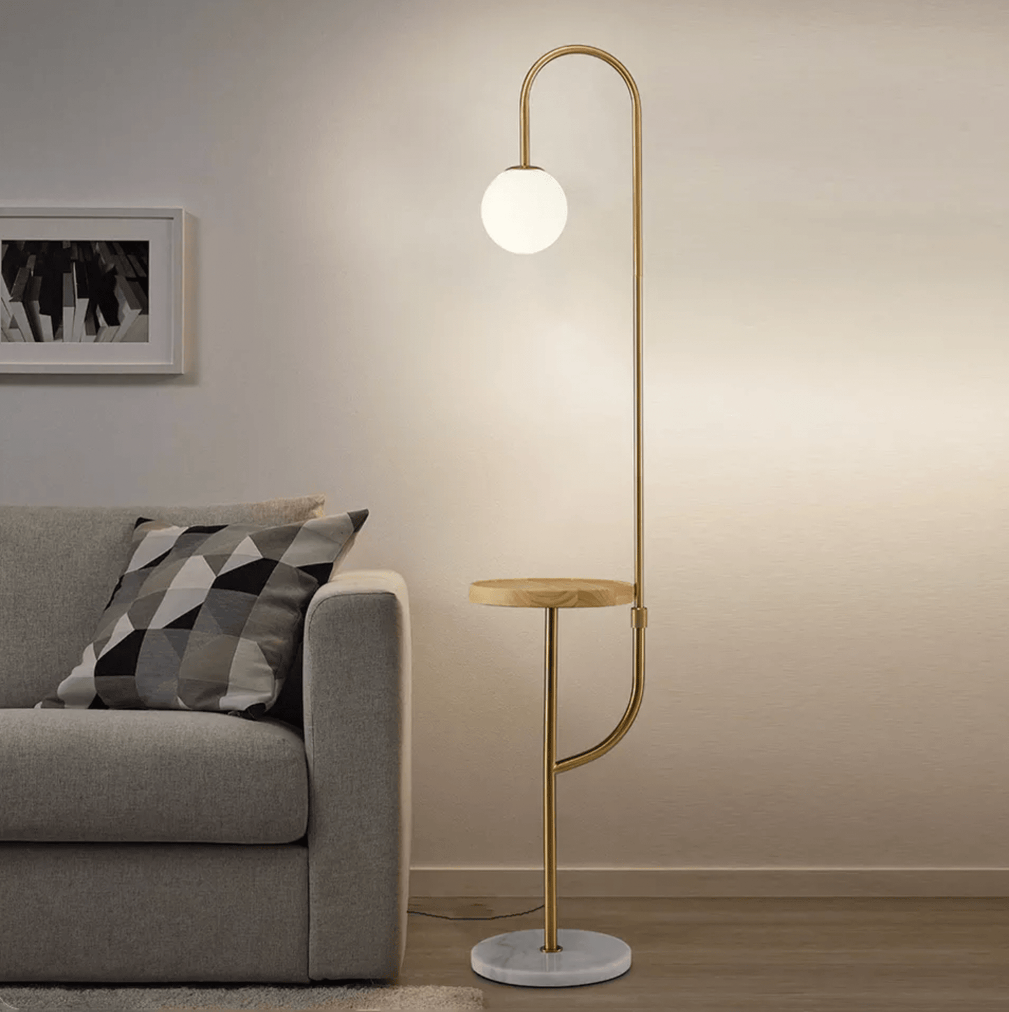 Hyde Floor Lamp with Side Table & Wireless Charger Light Beech Table NALANI