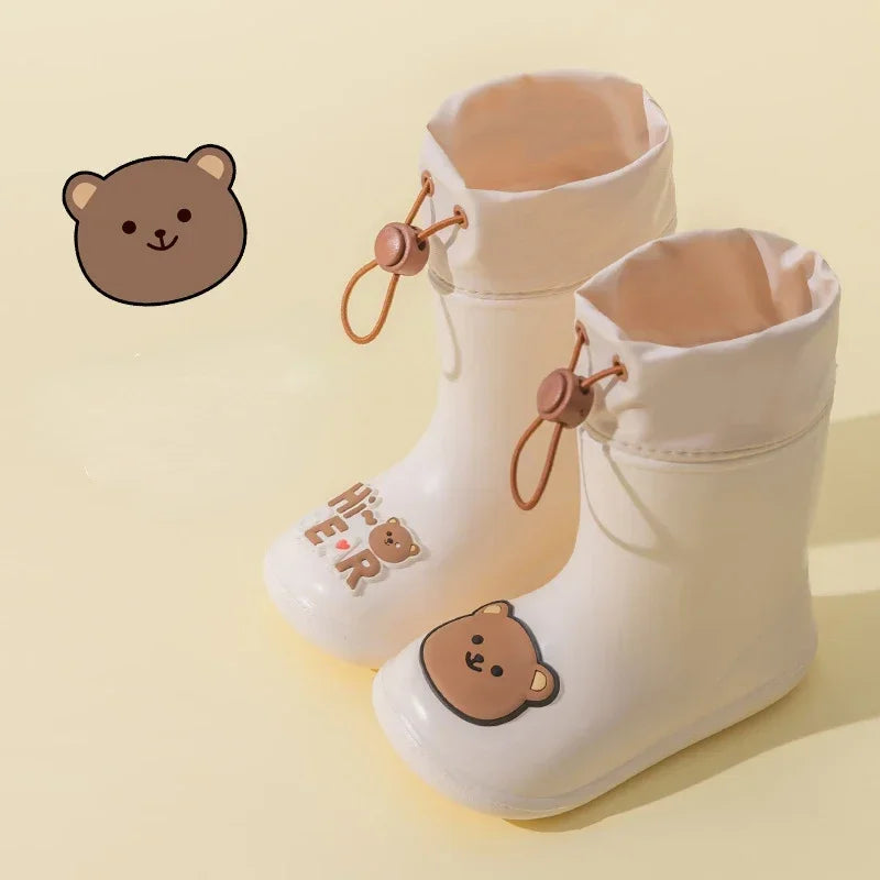 Bear Themed Waterproof Rubber Rain Boots For Kids 0 To 6 Beige NALANI