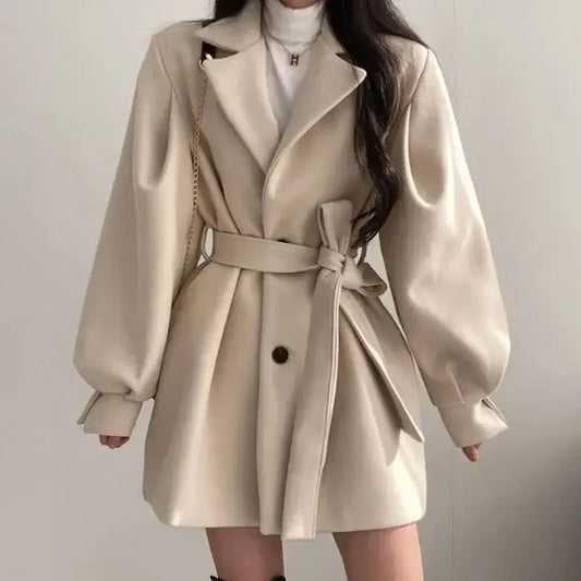 Nalani Women’s Trench Coat – Wool Blend – Belted Waist – Wide Lapel – Mid Length Fit