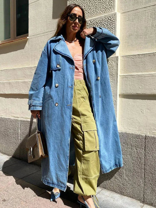Nalani Women’s Trench Coat – Oversized Fit – Denim Texture – Full Length – Button Front