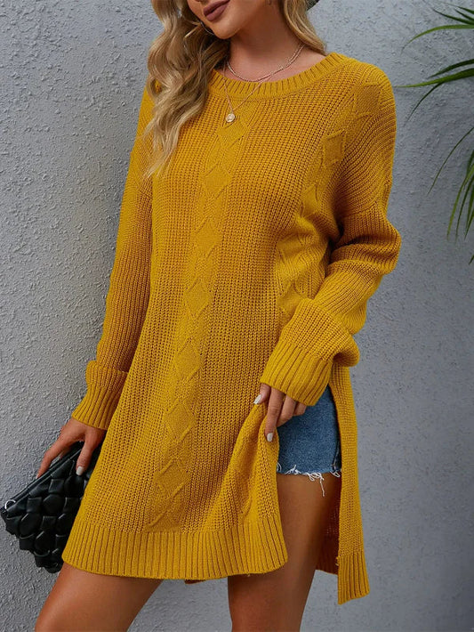 Serano | Women’s Pullover Sweater – Loose Fit – Cable Knit – Side Slit – Mid-Length Wool Feel