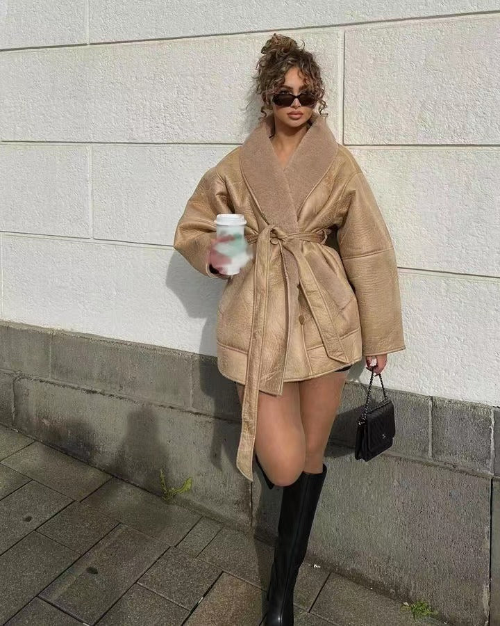 Nalani Women’s Trench Coat – Oversized Relaxed Fit – Plush Wool Blend – Self-Tie Belt – Mid-Thigh Length