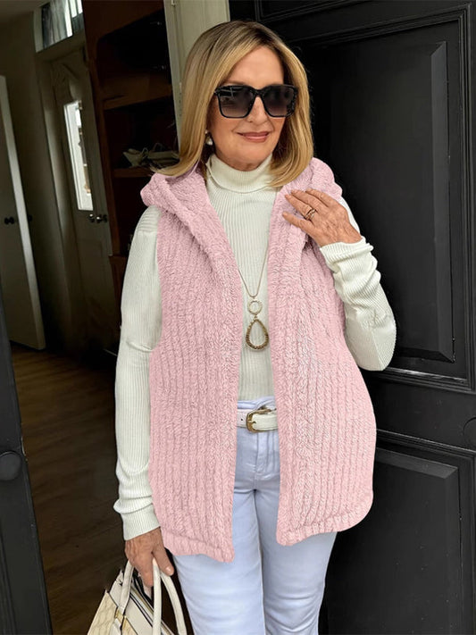Womens Hooded Vest Fuzzy Plush Relaxed Fit Sleeveless Open Front