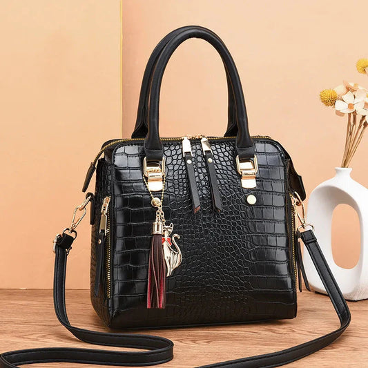 Vegan Leather Crocodile Design Bag For Women Black NALANI