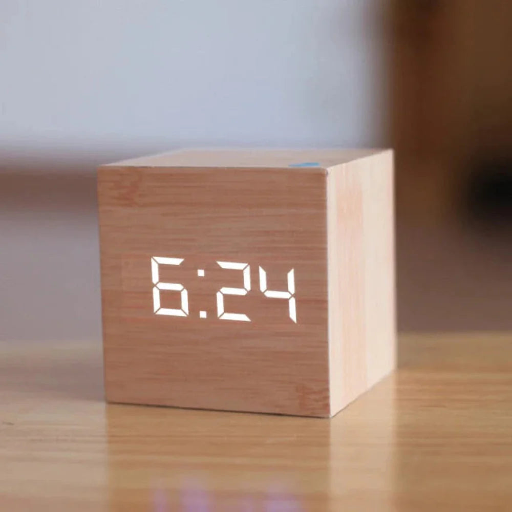 Compact LED Digital Alarm Clock With Temperature Night Mode Wood & White NALANI