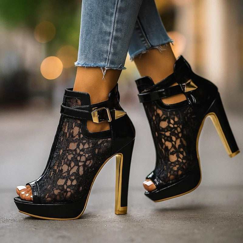 Luniva Lace Panel Platform Heels With Openwork Detailing