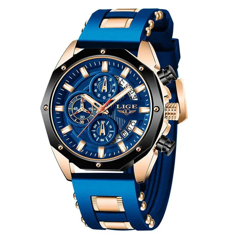 Men's Chronograph Watch Classic Stainless Steel Band Dial Gold Blue NALANI