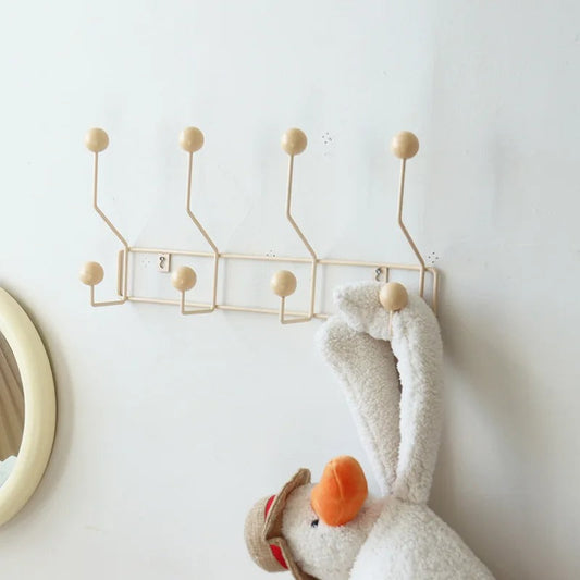 Wrought Iron Wall Rack With Solid Wood Ball Hooks Organizer 8-creamy NALANI
