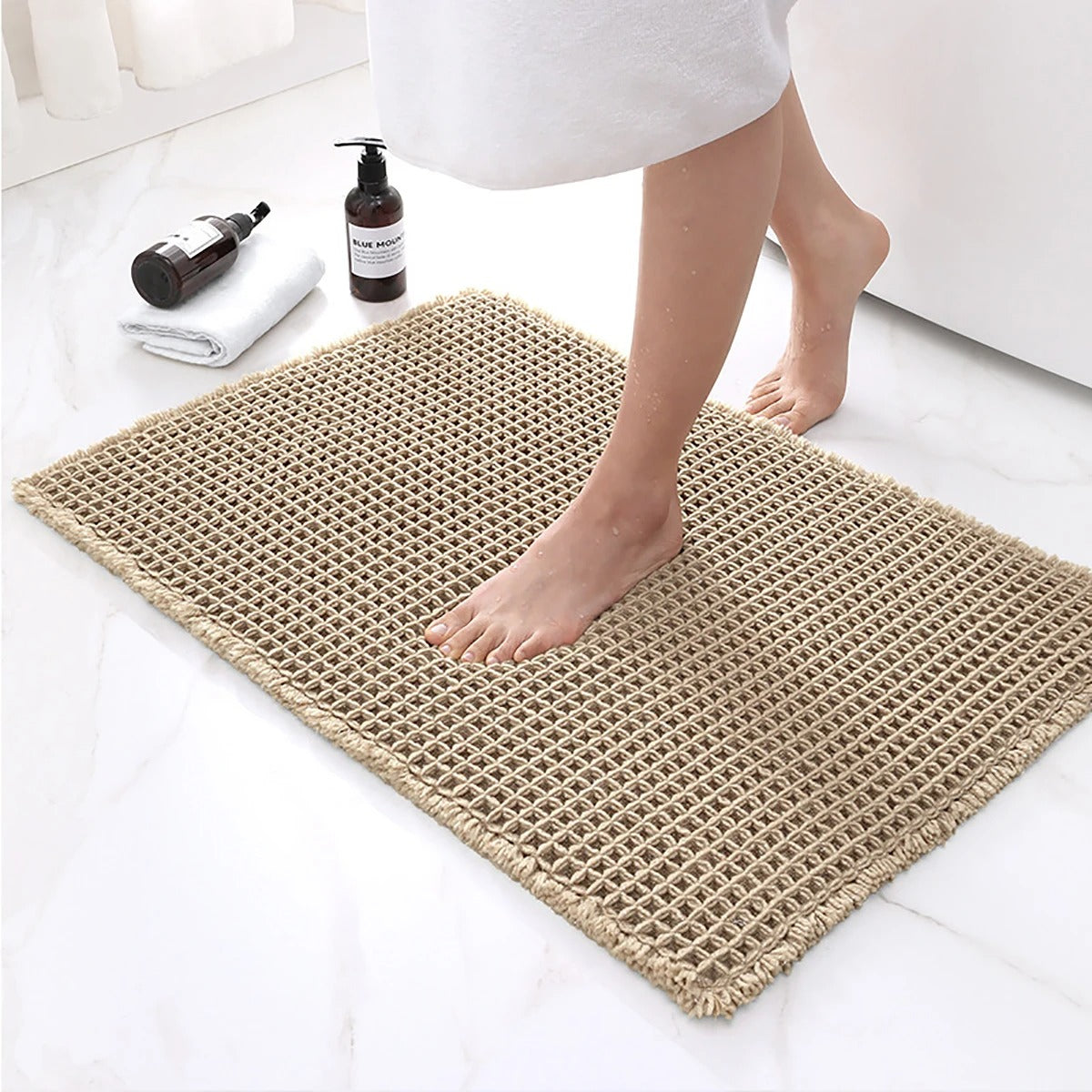 Non Slip Plush Bath Mat With Waffle Design Absorbent Khaki NALANI