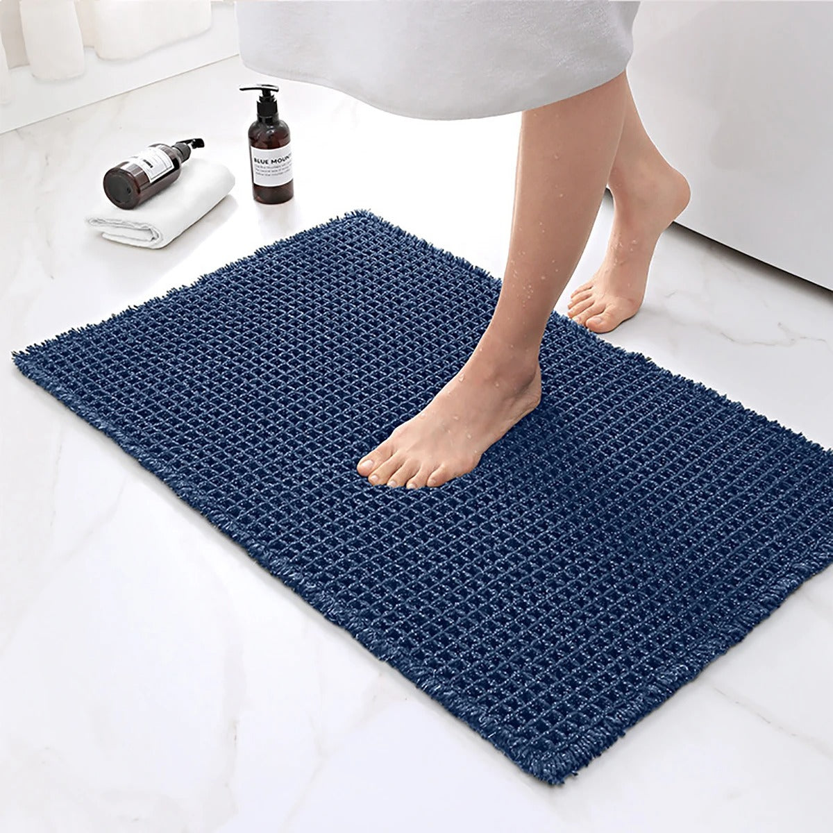 Non Slip Plush Bath Mat With Waffle Design Absorbent Blue NALANI
